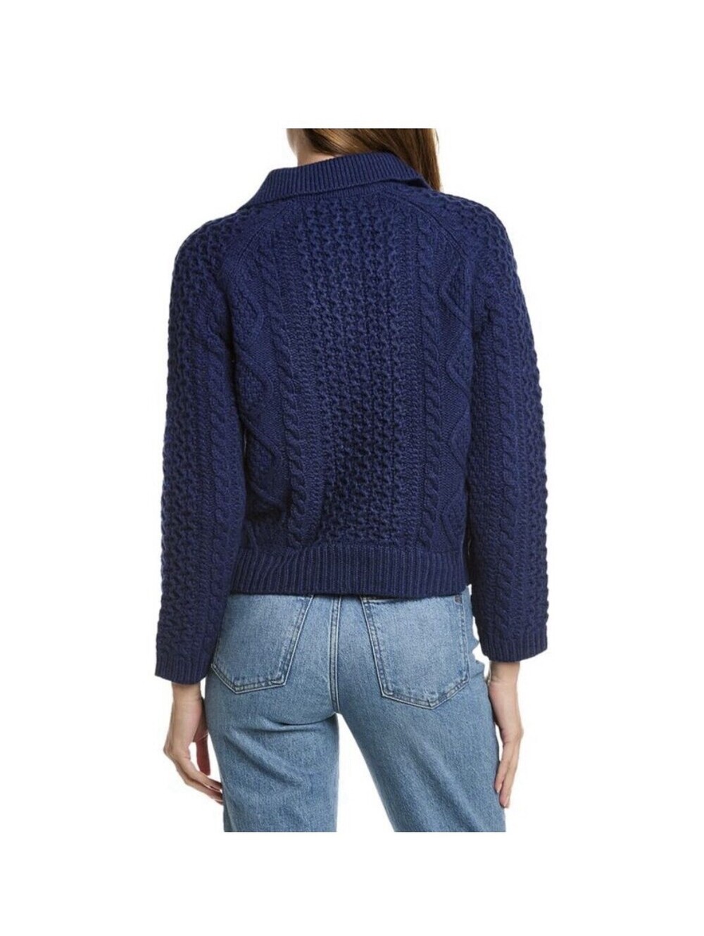 Frances Valentine Wool Fisherman Aran Cable Knit Cardigan Sweater in Navy - Picture 2 of 9
